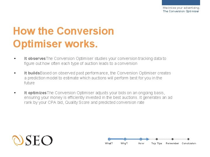 Maximise your advertising. The Conversion Optimiser How the Conversion Optimiser works. • It observes.