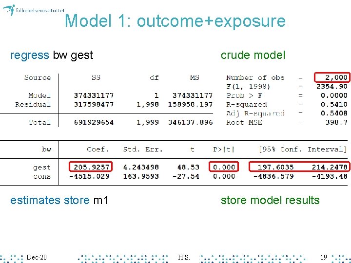 Model 1: outcome+exposure regress bw gest crude model estimates store m 1 store model