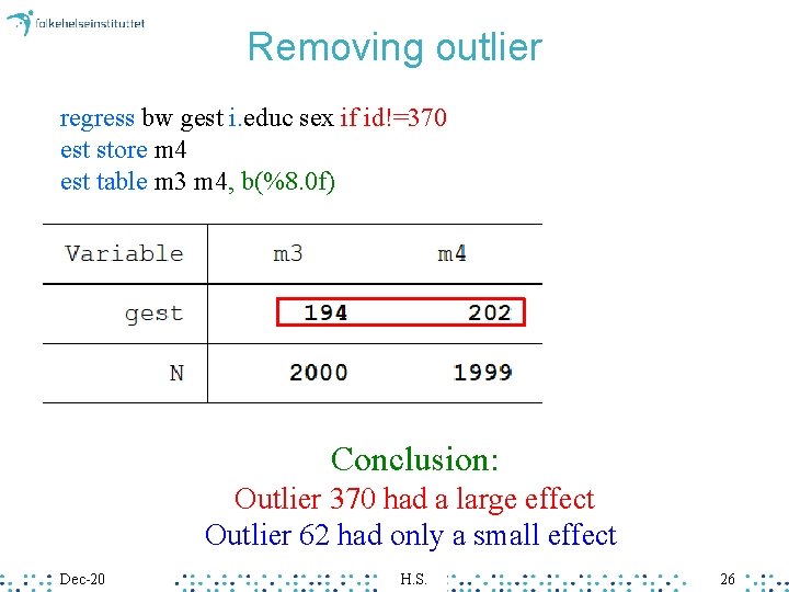 Removing outlier regress bw gest i. educ sex if id!=370 est store m 4