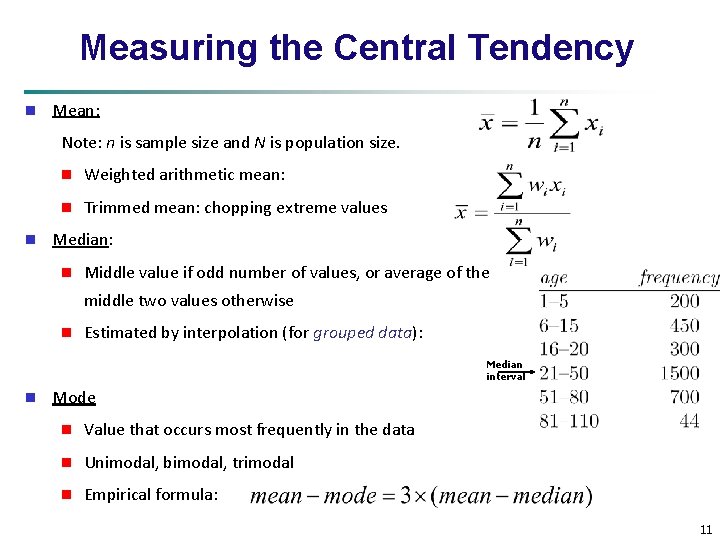 Measuring the Central Tendency n Mean: Note: n is sample size and N is