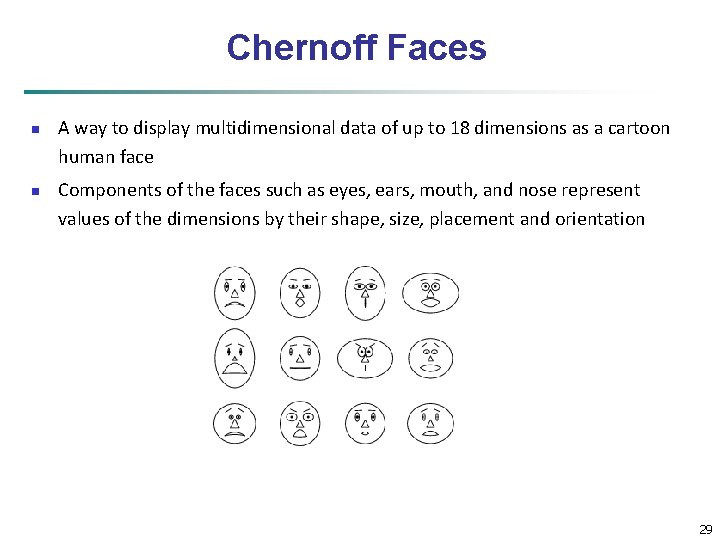 Chernoff Faces n n A way to display multidimensional data of up to 18