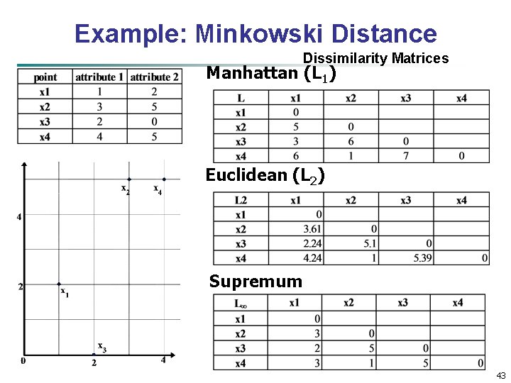 Example: Minkowski Distance Dissimilarity Matrices Manhattan (L 1) Euclidean (L 2) Supremum 43 