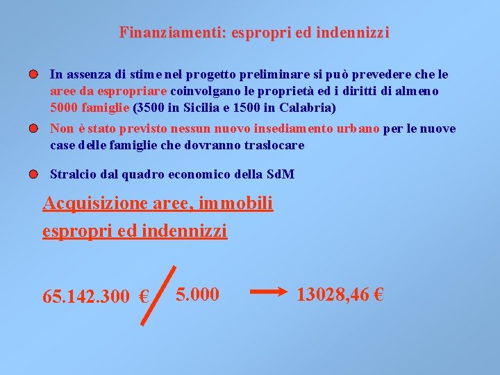 Finanziamenti: espropri ed indennizzi In assenza di stime nel progetto preliminare si può prevedere Finanziamenti: espropri ed indennizzi In assenza di stime nel progetto preliminare si può prevedere