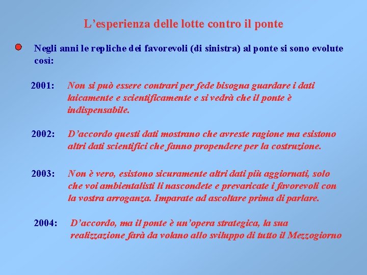 L’esperienza delle lotte contro il ponte Negli anni le repliche dei favorevoli (di sinistra) L’esperienza delle lotte contro il ponte Negli anni le repliche dei favorevoli (di sinistra)
