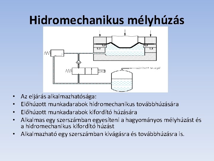 Hidromechanikus mélyhúzás Az eljárás alkalmazhatósága: Előhúzott munkadarabok hidromechanikus továbbhúzására Előhúzott munkadarabok kifordító húzására Alkalmas