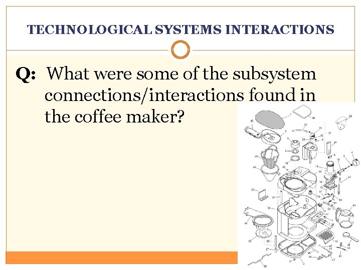 TECHNOLOGICAL SYSTEMS INTERACTIONS Q: What were some of the subsystem connections/interactions found in the