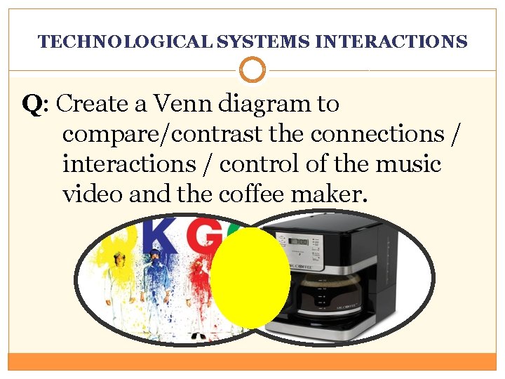 TECHNOLOGICAL SYSTEMS INTERACTIONS Q: Create a Venn diagram to compare/contrast the connections / interactions