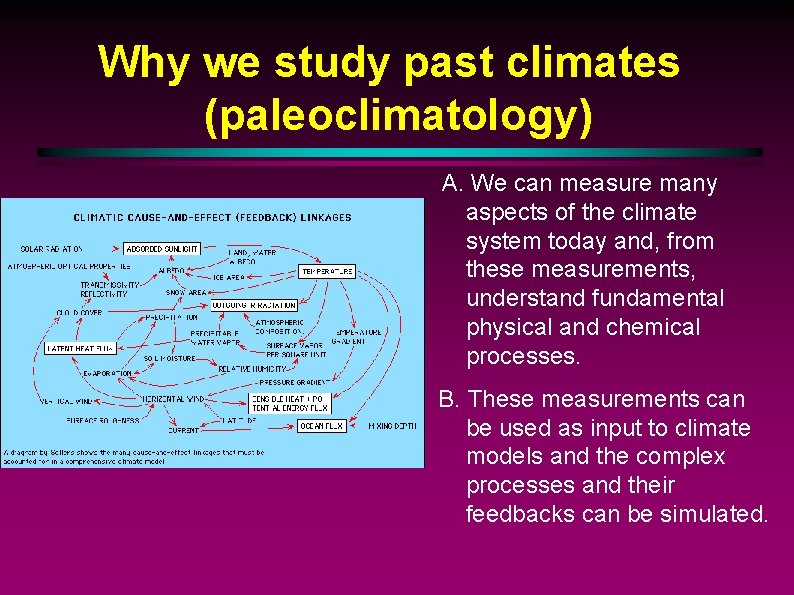 Why we study past climates (paleoclimatology) A. We can measure many aspects of the