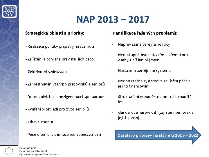 NAP 2013 – 2017 • Strategické oblasti a priority: • - Realizace politiky přípravy