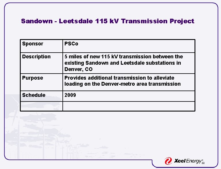 Sandown - Leetsdale 115 k. V Transmission Project Sponsor PSCo Description 5 miles of Sandown - Leetsdale 115 k. V Transmission Project Sponsor PSCo Description 5 miles of