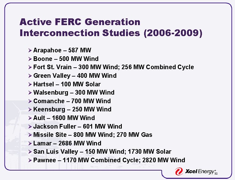 Active FERC Generation Interconnection Studies (2006 -2009) Ø Arapahoe – 587 MW Ø Boone