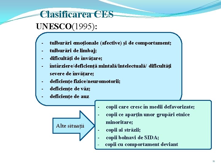 Clasificarea CES UNESCO(1995): - tulburări emoţionale (afective) şi de comportament; tulburări de limbaj; dificultăţi