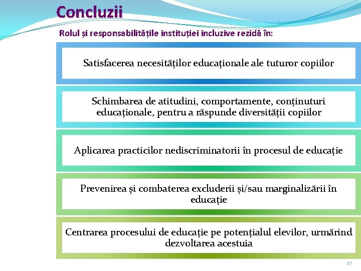 Concluzii Rolul și responsabilitățile instituției incluzive rezidă în: Satisfacerea necesităților educaționale tuturor copiilor Schimbarea