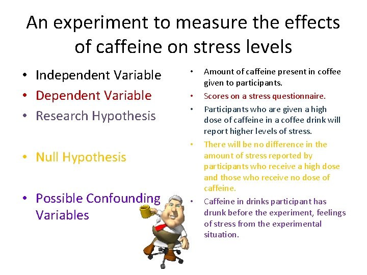 An experiment to measure the effects of caffeine on stress levels • Independent Variable