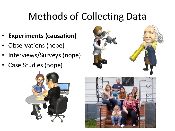 Methods of Collecting Data • • Experiments (causation) Observations (nope) Interviews/Surveys (nope) Case Studies