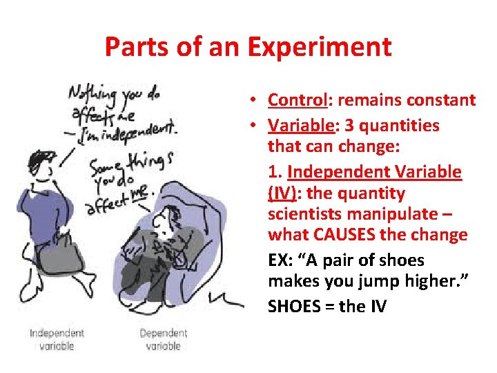 Parts of an Experiment • Control: remains constant • Variable: 3 quantities that can