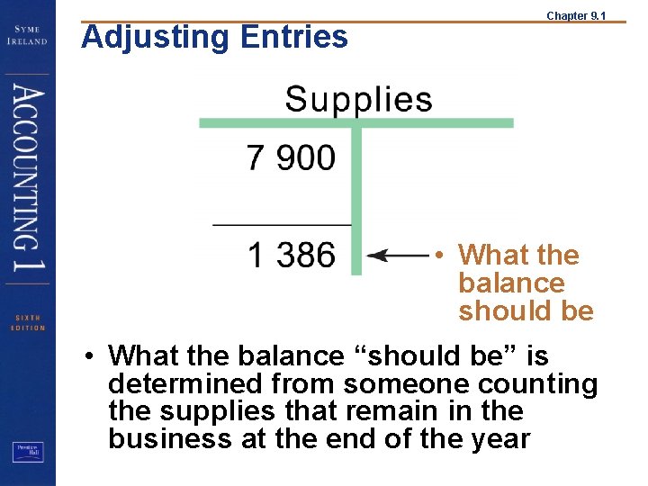 Adjusting Entries Chapter 9. 1 • What the balance should be • What the