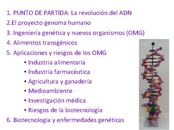 1. PUNTO DE PARTIDA: La revolución del ADN 2. El proyecto genoma humano 3.