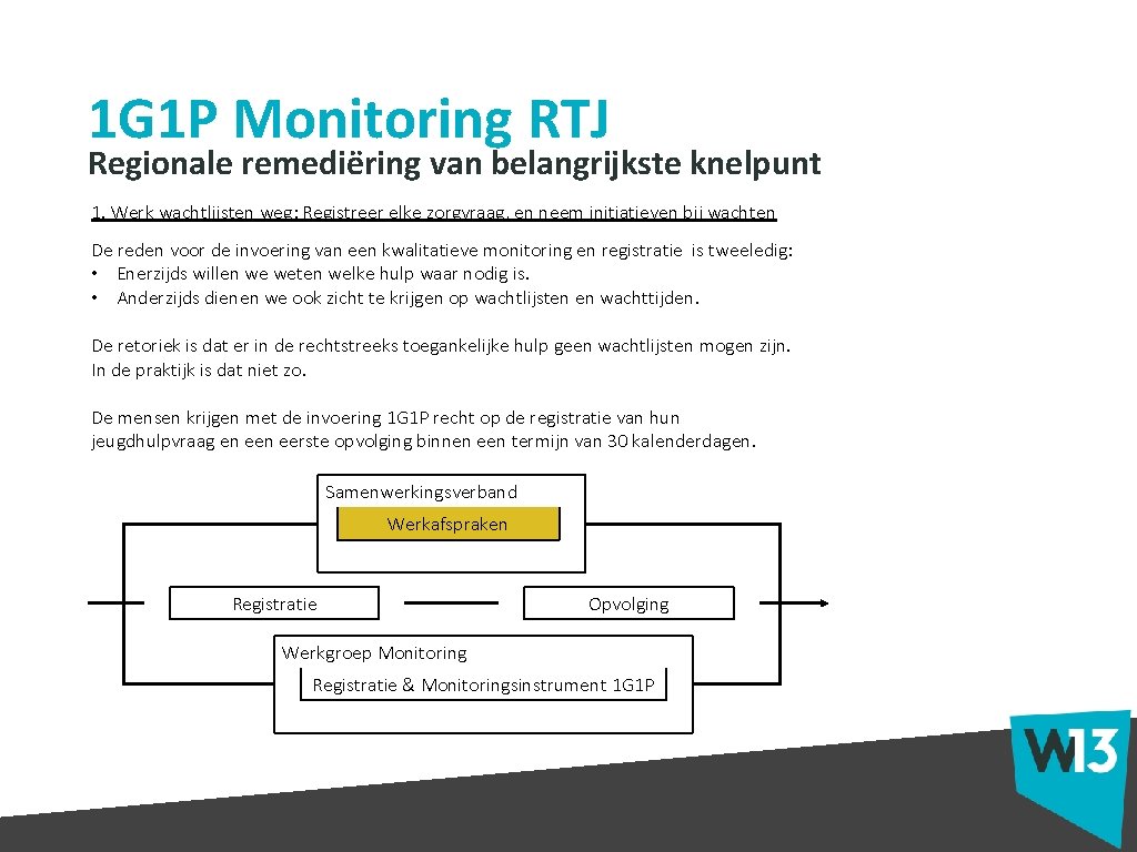 1 G 1 P Monitoring RTJ Regionale remediëring van belangrijkste knelpunt 1. Werk wachtlijsten