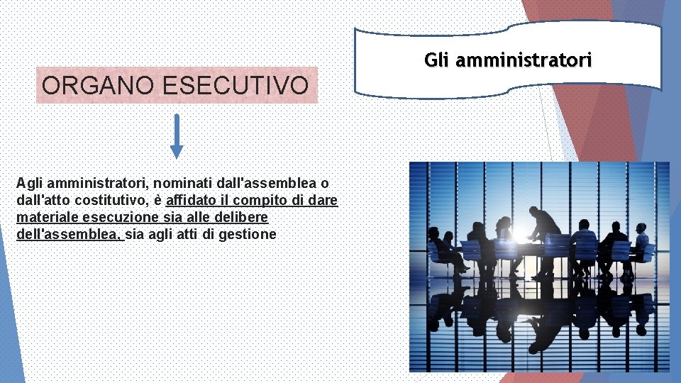 ORGANO ESECUTIVO Agli amministratori, nominati dall'assemblea o dall'atto costitutivo, è affidato il compito di