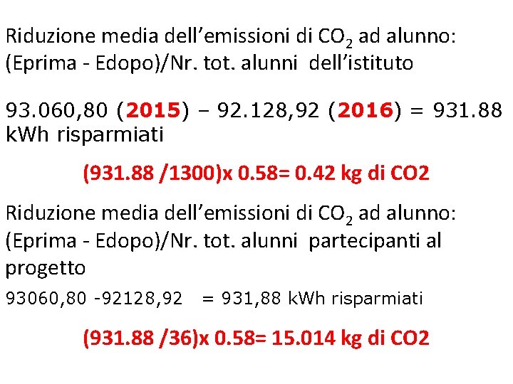 Riduzione media dell’emissioni di CO 2 ad alunno: (Eprima - Edopo)/Nr. tot. alunni dell’istituto Riduzione media dell’emissioni di CO 2 ad alunno: (Eprima - Edopo)/Nr. tot. alunni dell’istituto