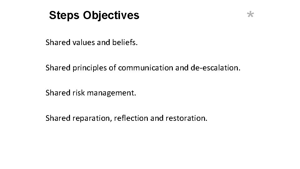 Steps Objectives Shared values and beliefs. Shared principles of communication and de-escalation. Shared risk