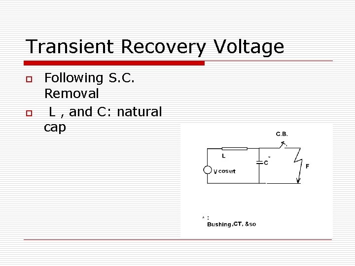 Transient Recovery Voltage o o Following S. C. Removal L , and C: natural