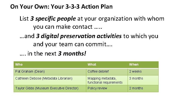 On Your Own: Your 3 -3 -3 Action Plan List 3 specific people at