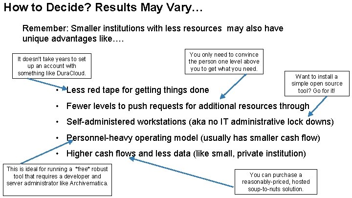 How to Decide? Results May Vary… Remember: Smaller institutions with less resources may also