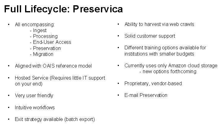 Full Lifecycle: Preservica All encompassing: - Ingest - Processing - End-User Access - Preservation