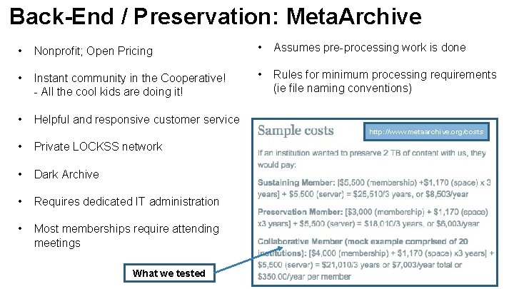 Back-End / Preservation: Meta. Archive • Nonprofit; Open Pricing • Assumes pre-processing work is