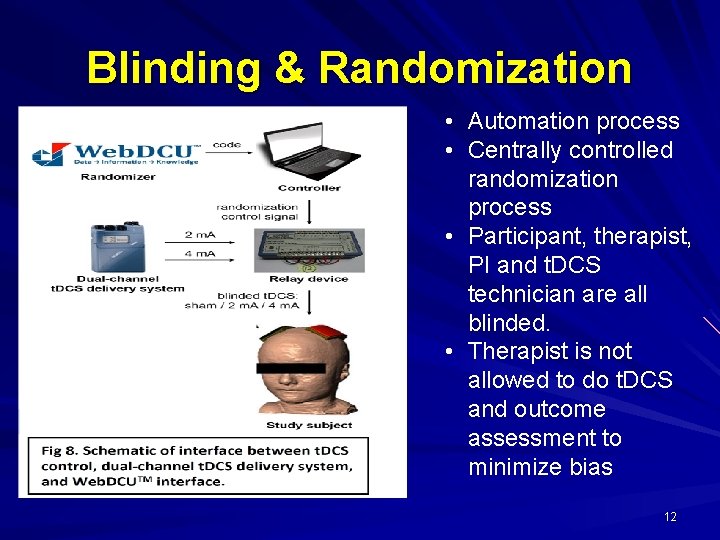 Blinding & Randomization • Automation process • Centrally controlled randomization process • Participant, therapist,