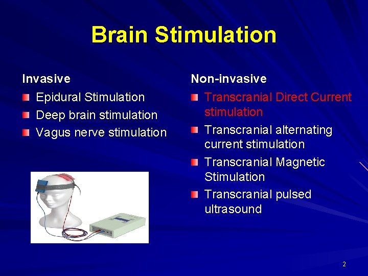 Brain Stimulation Invasive Epidural Stimulation Deep brain stimulation Vagus nerve stimulation Non-invasive Transcranial Direct