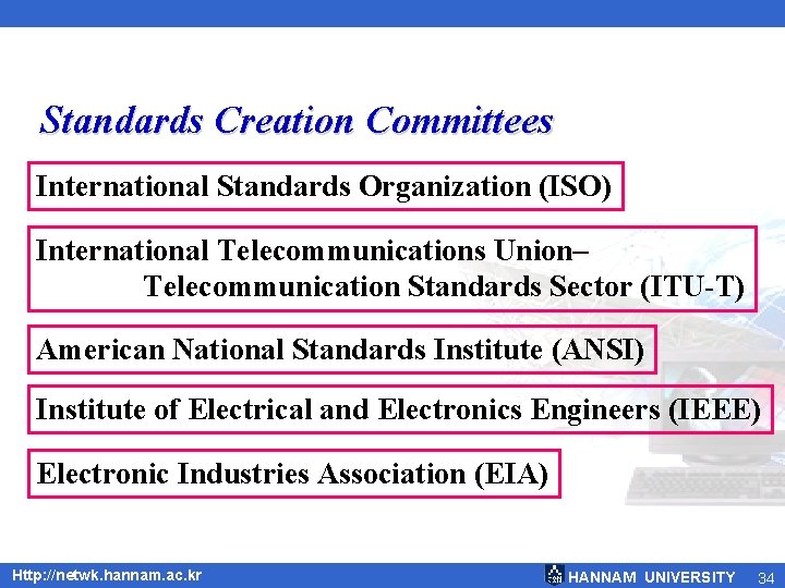 Standards Creation Committees International Standards Organization (ISO) International Telecommunications Union– Telecommunication Standards Sector (ITU-T)