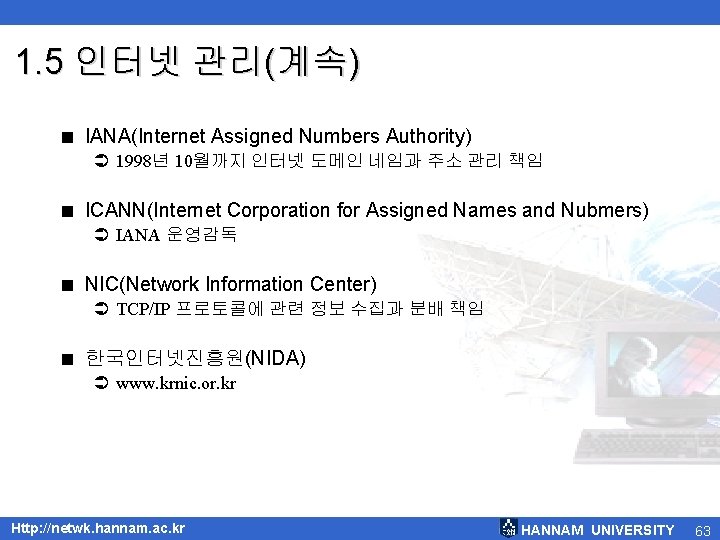 1. 5 인터넷 관리(계속) < IANA(Internet Assigned Numbers Authority) Ü 1998년 10월까지 인터넷 도메인