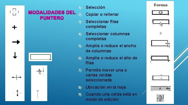 1) Selección MODALIDADES DEL 2) Copiar o rellenar PUNTERO 3) Seleccionar filas completas 4)