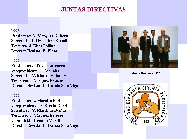 JUNTAS DIRECTIVAS 1992 Presidente: A. Marqués Gubern Secretario: I. Eizaguirre Sexmilo Tesorero. J. Elias