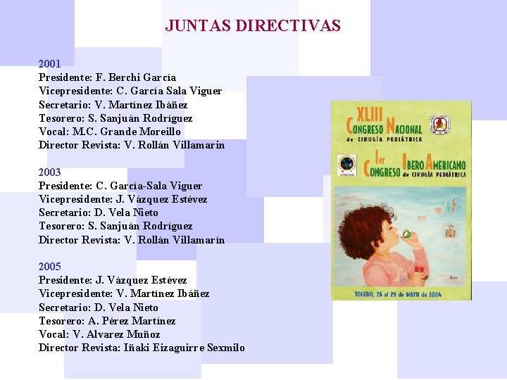 JUNTAS DIRECTIVAS 2001 Presidente: F. Berchi García Vicepresidente: C. García Sala Viguer Secretario: V.