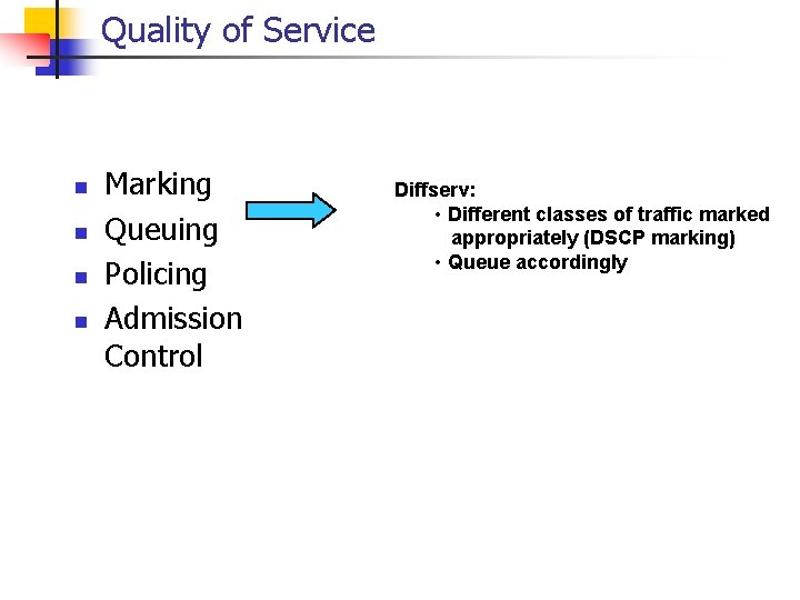 Quality of Service n n Marking Queuing Policing Admission Control Diffserv: • Different classes