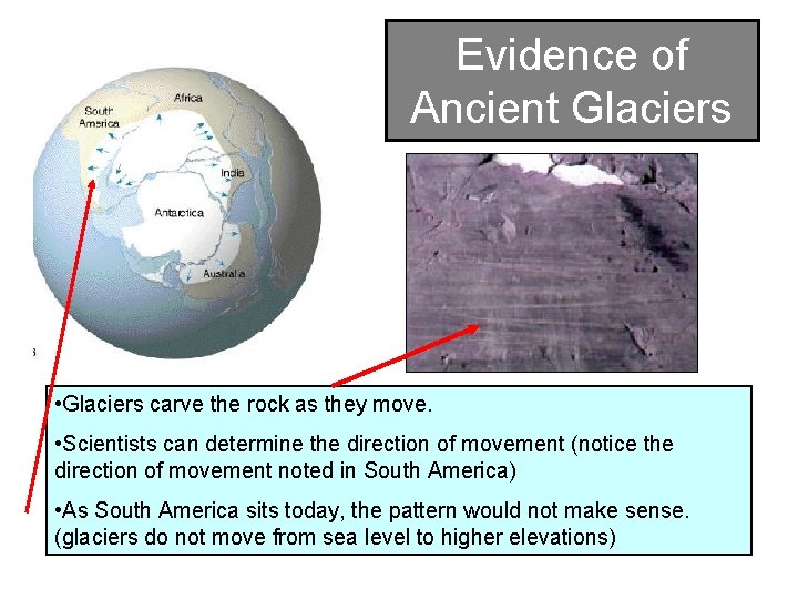 Evidence of Ancient Glaciers • Glaciers carve the rock as they move. • Scientists