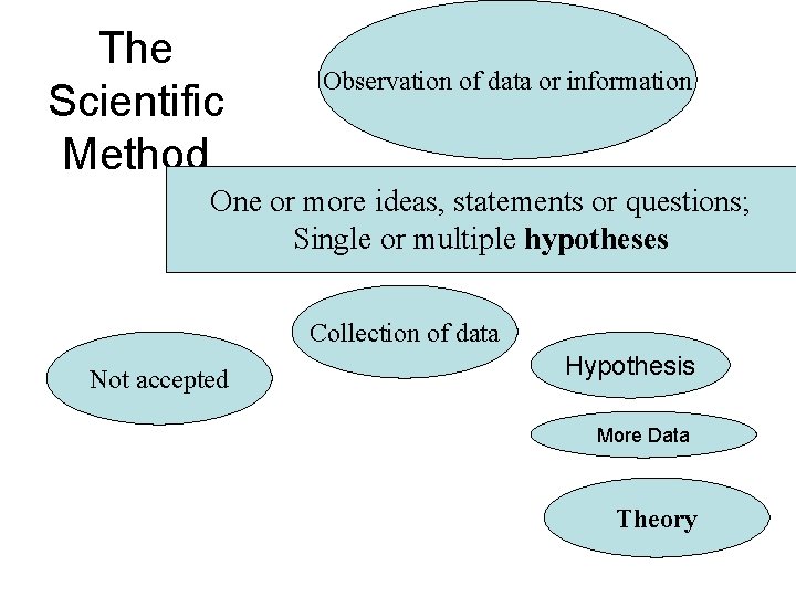 The Scientific Method Observation of data or information One or more ideas, statements or