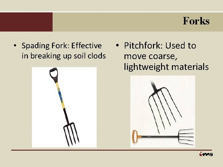 Forks • Spading Fork: Effective in breaking up soil clods • Pitchfork: Used to