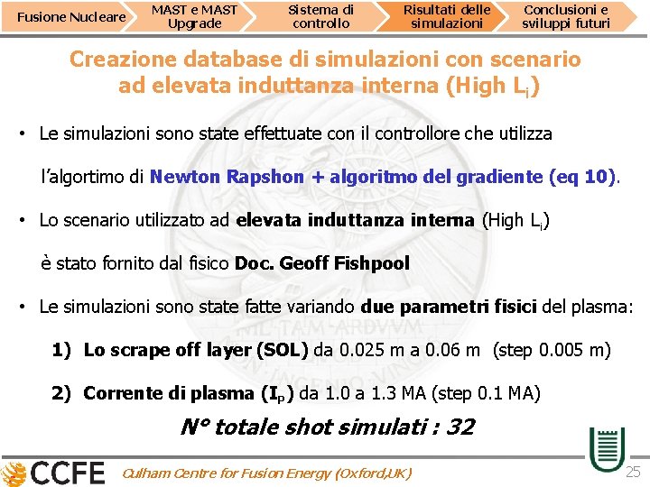 Fusione Nucleare MAST Upgrade Sistema di controllo Risultati delle simulazioni Conclusioni e sviluppi futuri