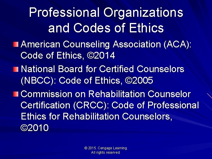 Professional Organizations and Codes of Ethics American Counseling Association (ACA): Code of Ethics, ©