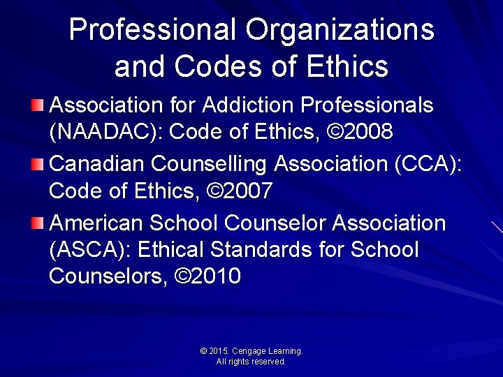 Professional Organizations and Codes of Ethics Association for Addiction Professionals (NAADAC): Code of Ethics,