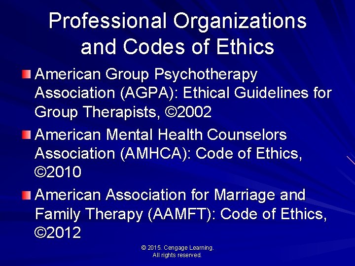 Professional Organizations and Codes of Ethics American Group Psychotherapy Association (AGPA): Ethical Guidelines for