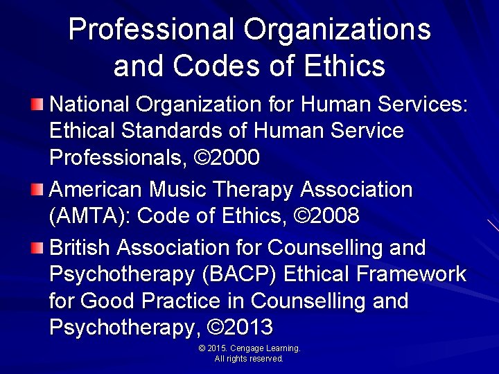 Professional Organizations and Codes of Ethics National Organization for Human Services: Ethical Standards of