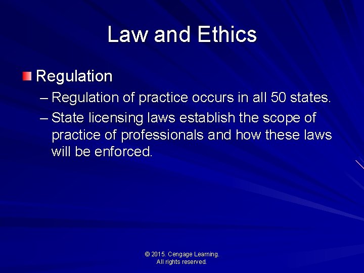 Law and Ethics Regulation – Regulation of practice occurs in all 50 states. –