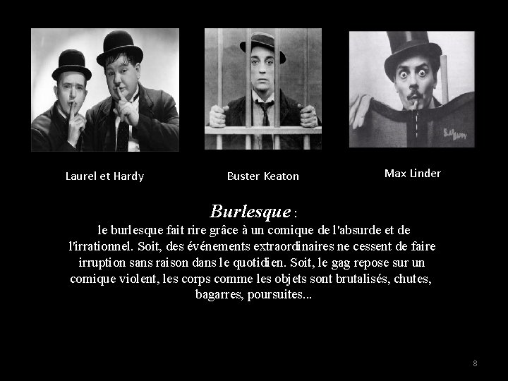 Laurel et Hardy Buster Keaton Max Linder Burlesque : le burlesque fait rire grâce