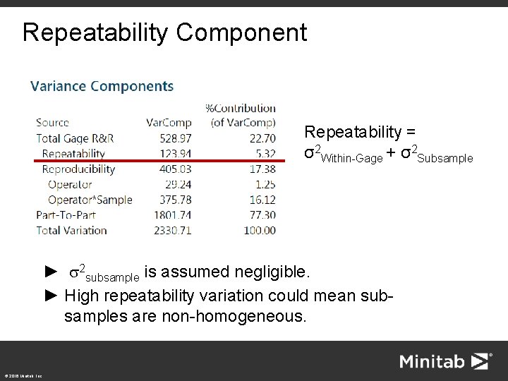 Repeatability Component Repeatability = σ2 Within-Gage + σ2 Subsample ► s 2 subsample is
